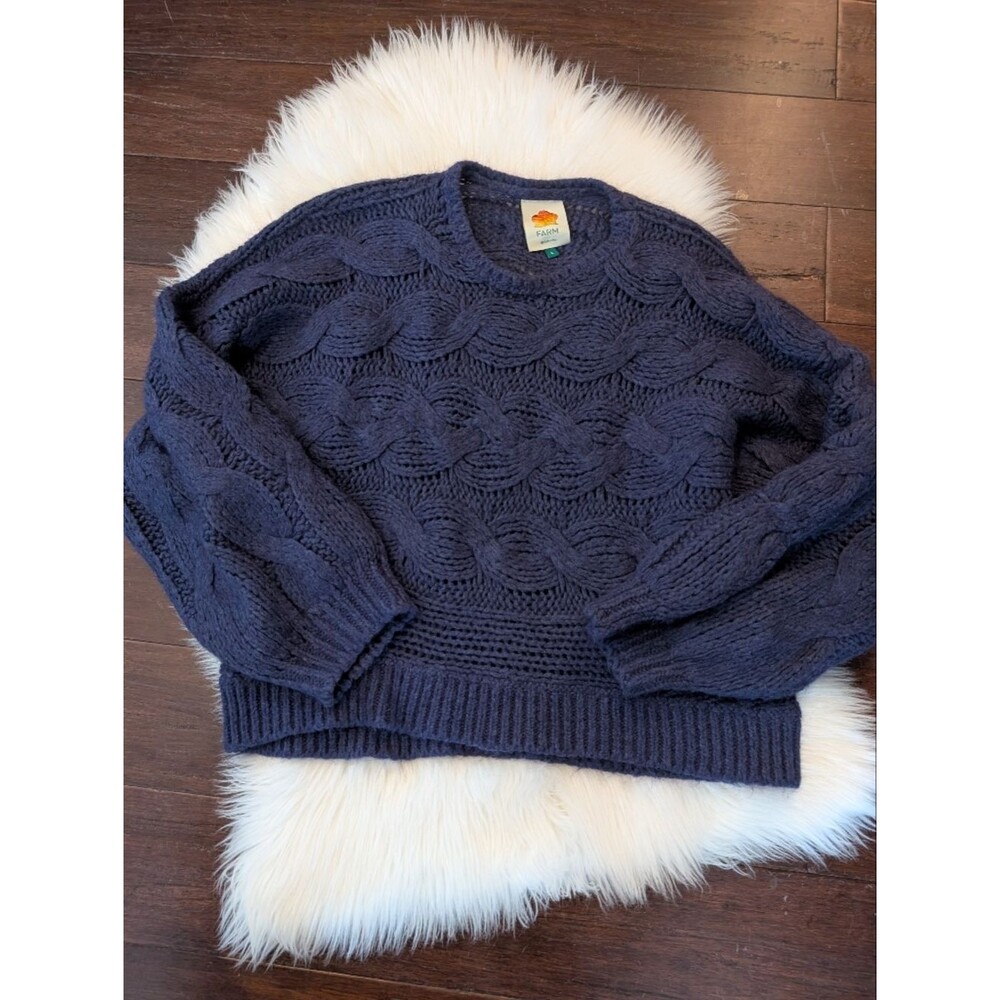 FARM Rio Mohair Wool Navy Blue Textured Cable Knit Crewneck Sweater L Large
